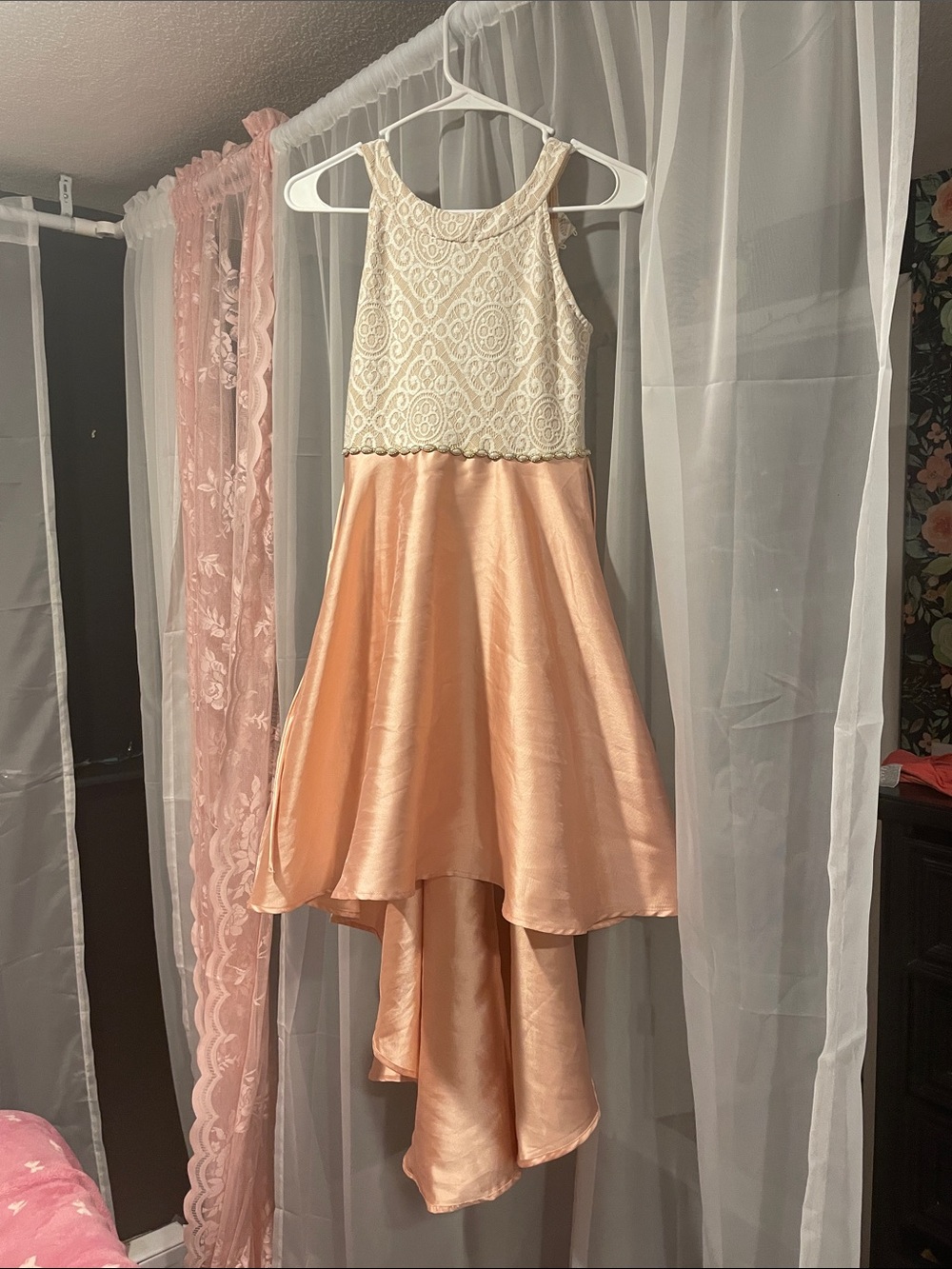 Speechless Girls Lace Bodice High-Low Satin Dress - Peach & Ivory